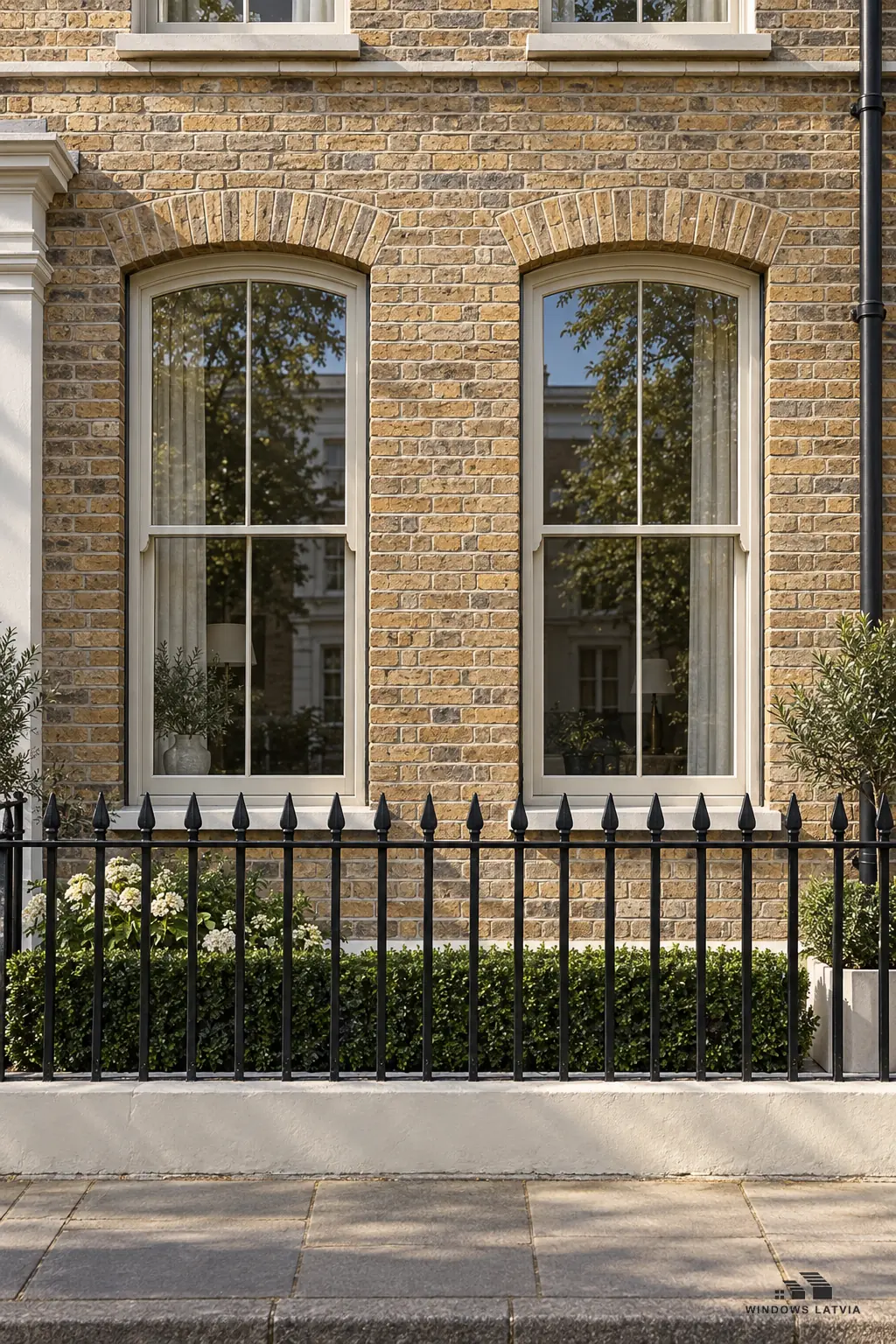 Brick townhouse facade with tall arched timber sash windows, 2 over 2 glazing bars