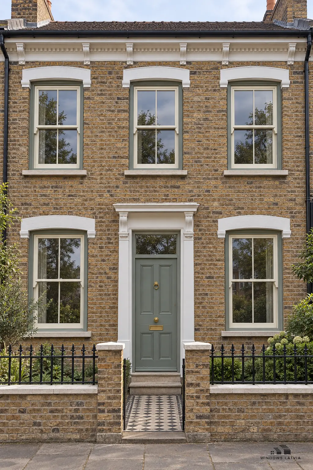 Brick terrace house front with painted timber sash windows, 2 over 2 glazing bars and horns